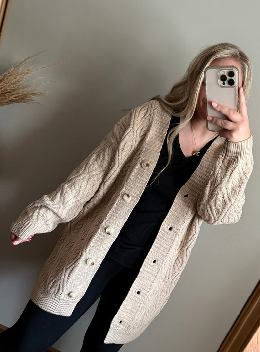 crisp morning cardi-taupe